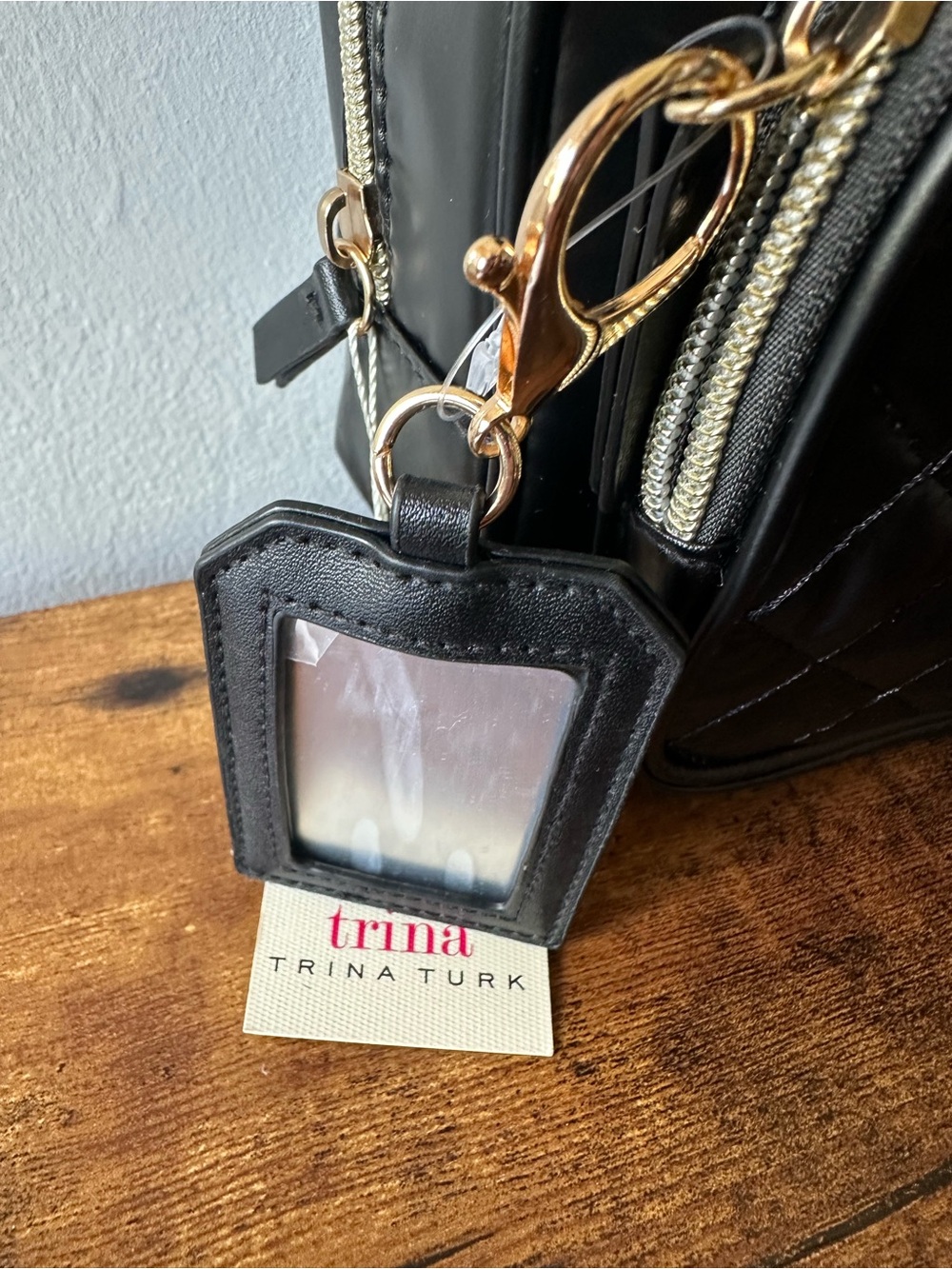 Trina Turk Black Quilted Cosmetic Toiletry Bag with Gold Zip Keychain Mirror NWT - Picture 3 of 5